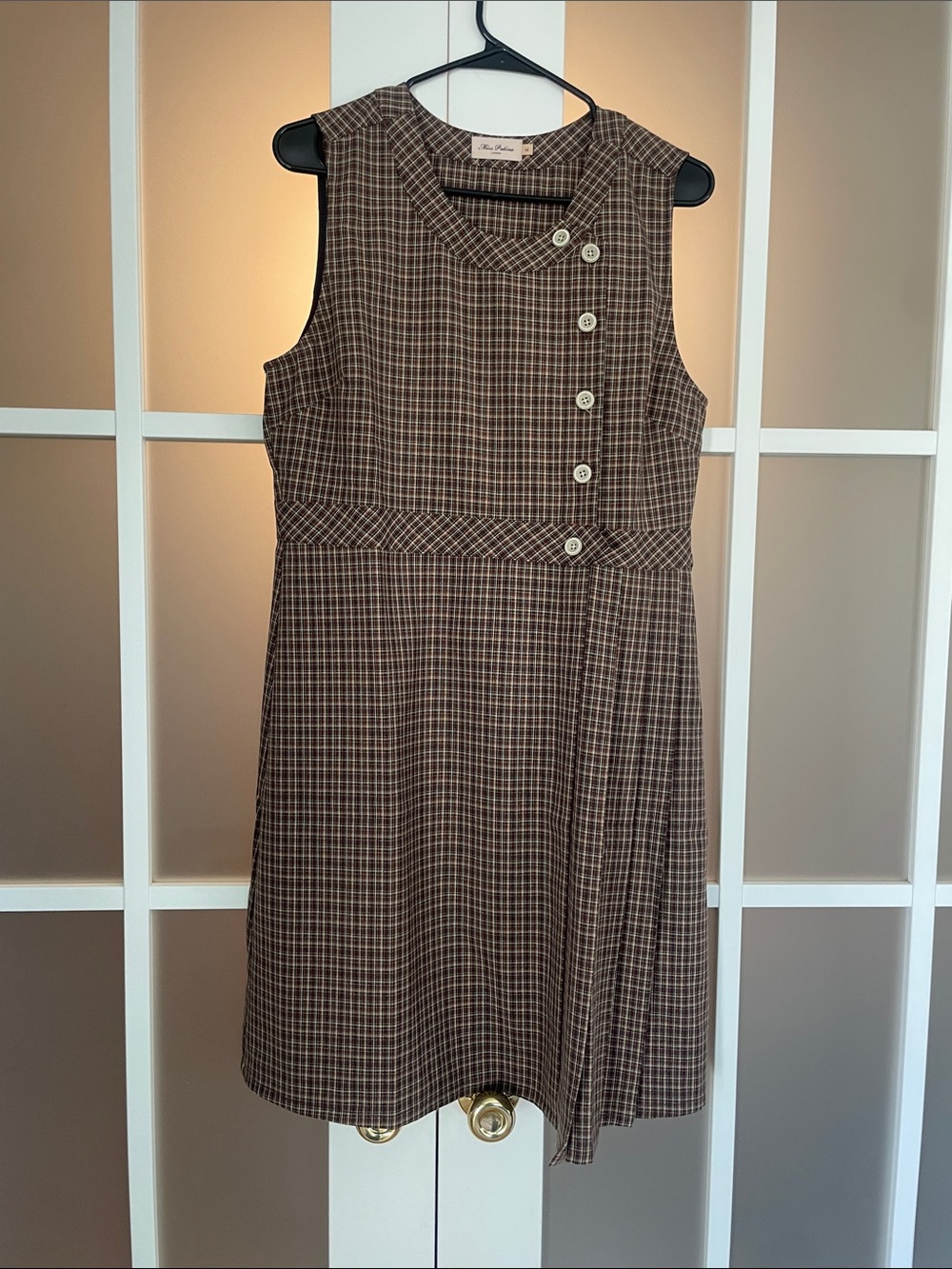 Miss Patina Dress XL Plaid Sleeveless A-Line Dress with Button Detail - Brown